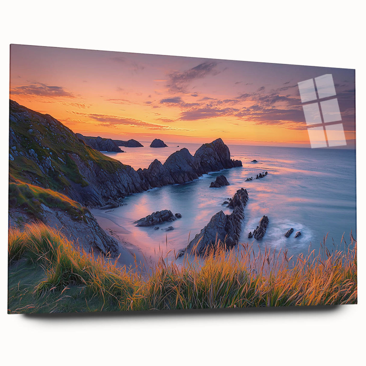 Acrylic glass artwork showcasing a stunning landscape with towering cliffs, presented in a side view without pins, perfect for modern home decor.