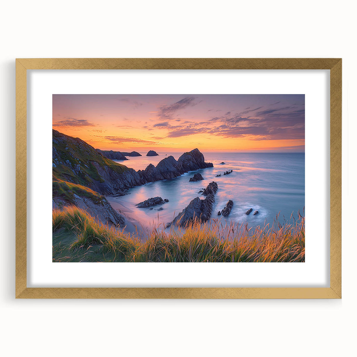 Elegant gold-framed landscape artwork featuring vibrant cliffs and serene natural scenery, set against a soft mat background, perfect for home decor.