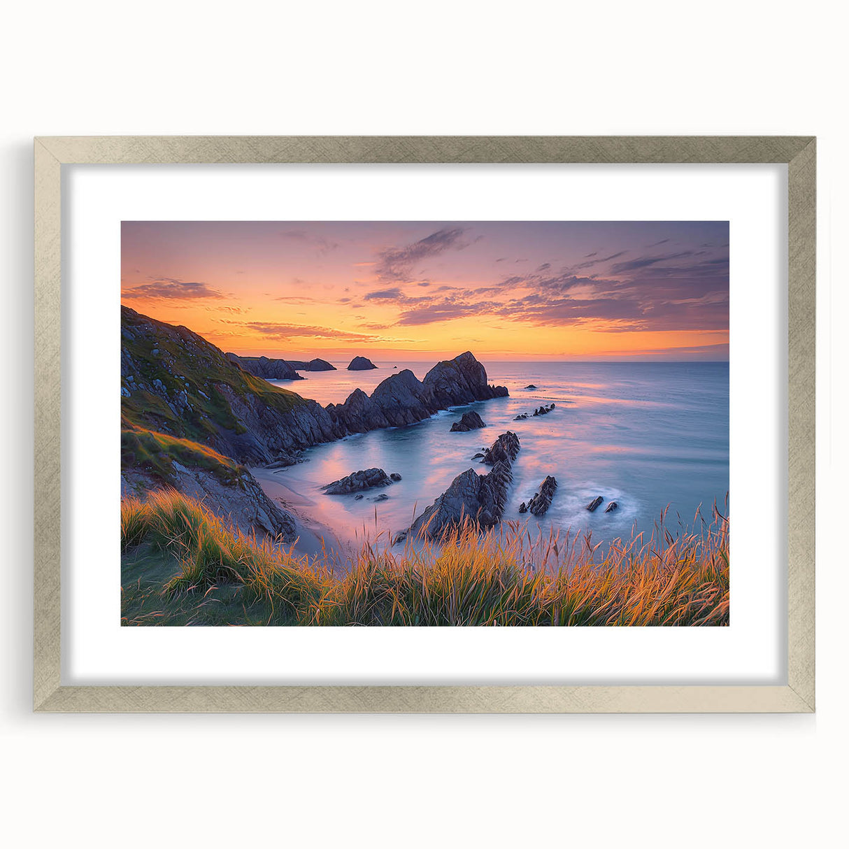 Framed landscape artwork showcasing dramatic cliffs in a silver mat finish, perfect for enhancing contemporary home decor. Ideal for nature enthusiasts and artistic interiors.