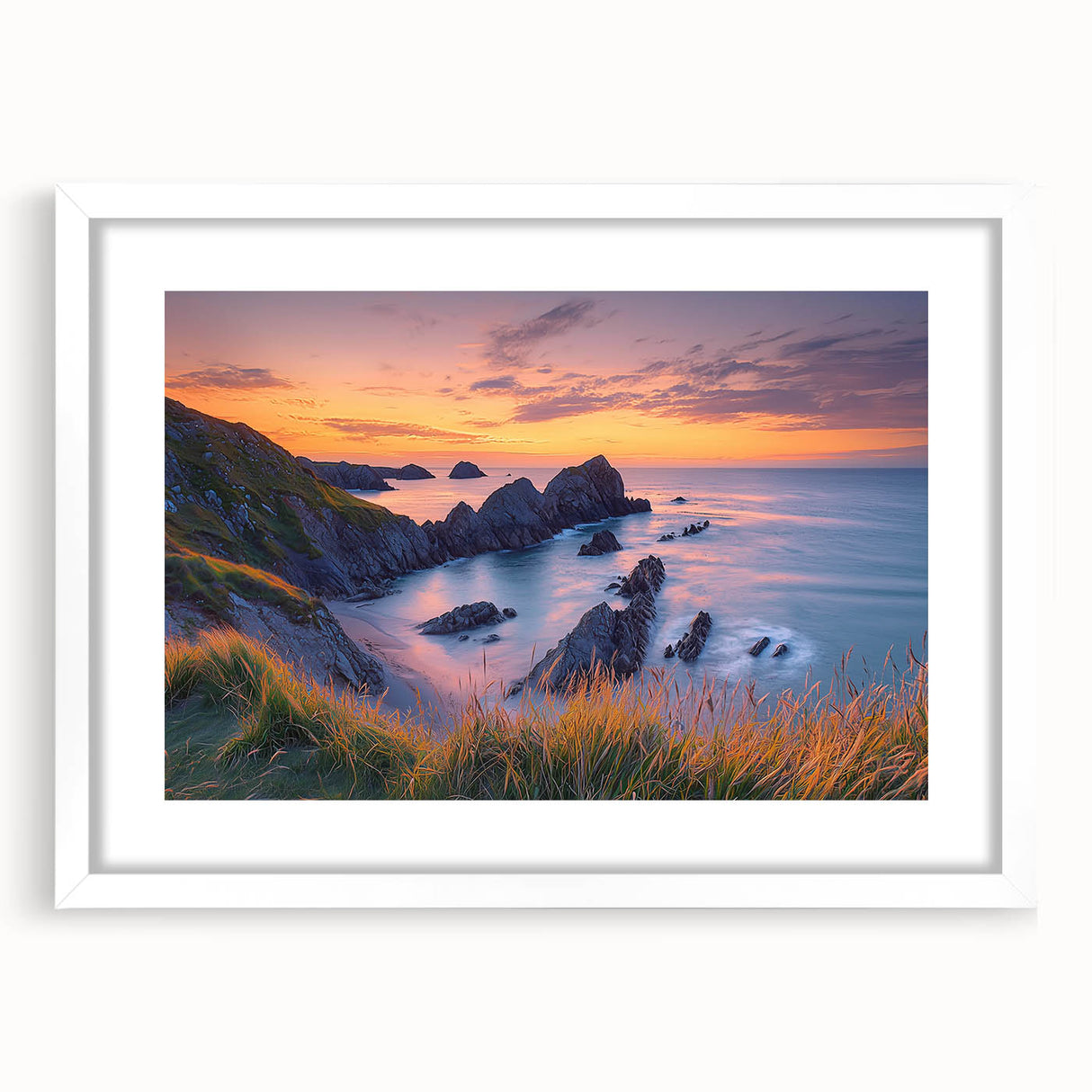 Framed landscape artwork showcasing dramatic cliffs against a vibrant sky, presented with a white mat, ideal for modern home decor or office spaces.