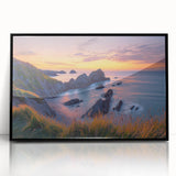 Framed acrylic landscape artwork depicting majestic cliffs in a vibrant color palette, showcasing intricate details and textures, perfect for modern home decor.