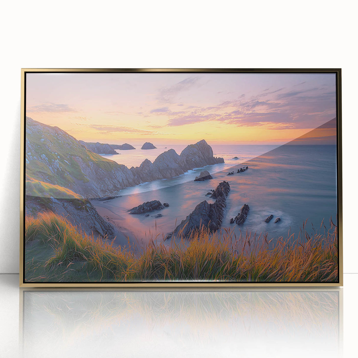 Framed acrylic artwork depicting a stunning cliff landscape in vibrant colors, showcasing dramatic rock formations and a serene sky, perfect for modern decor.