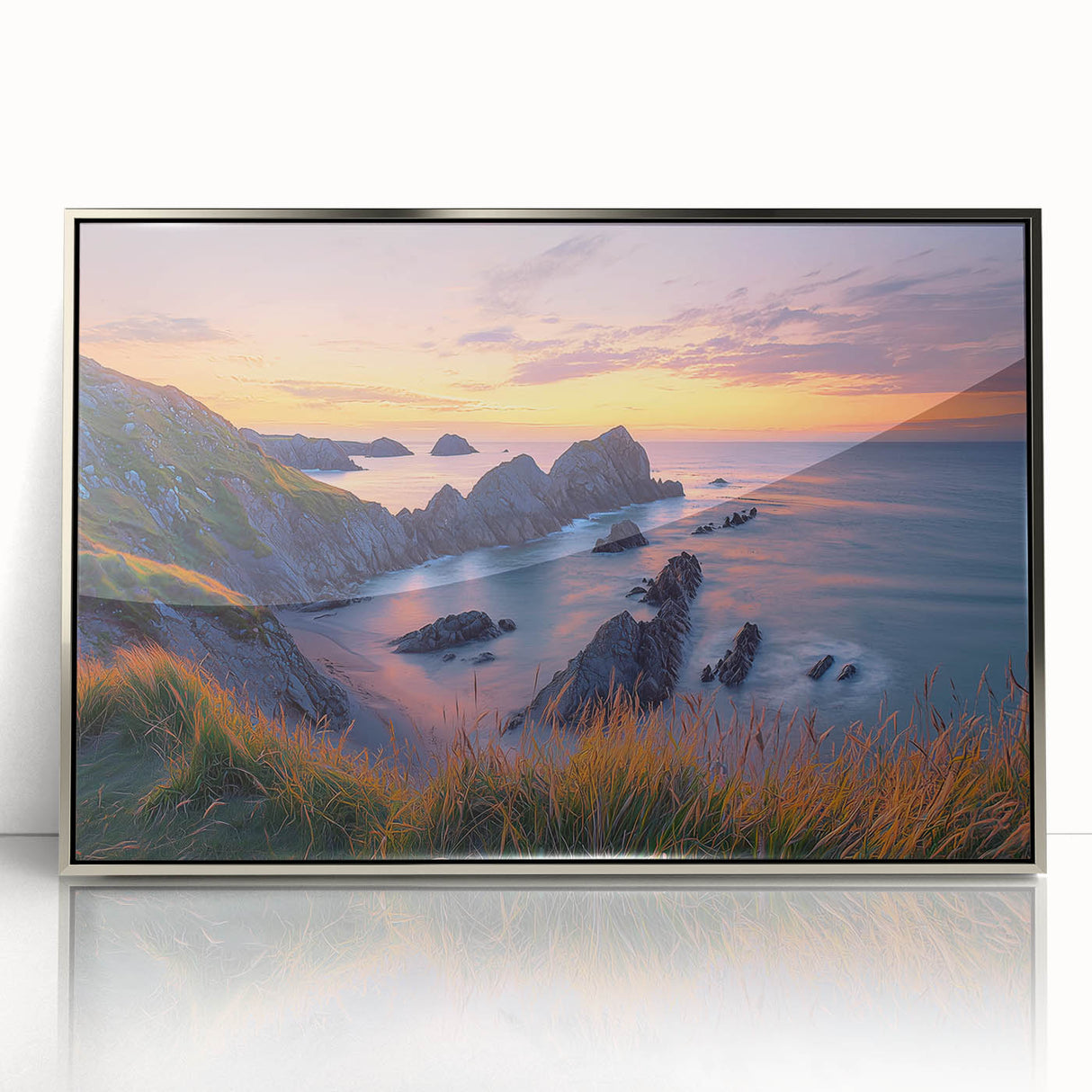 Framed acrylic artwork of dramatic cliffs, showcasing rich textures and silver accents. Ideal for modern decor, enhancing any space with natural beauty.