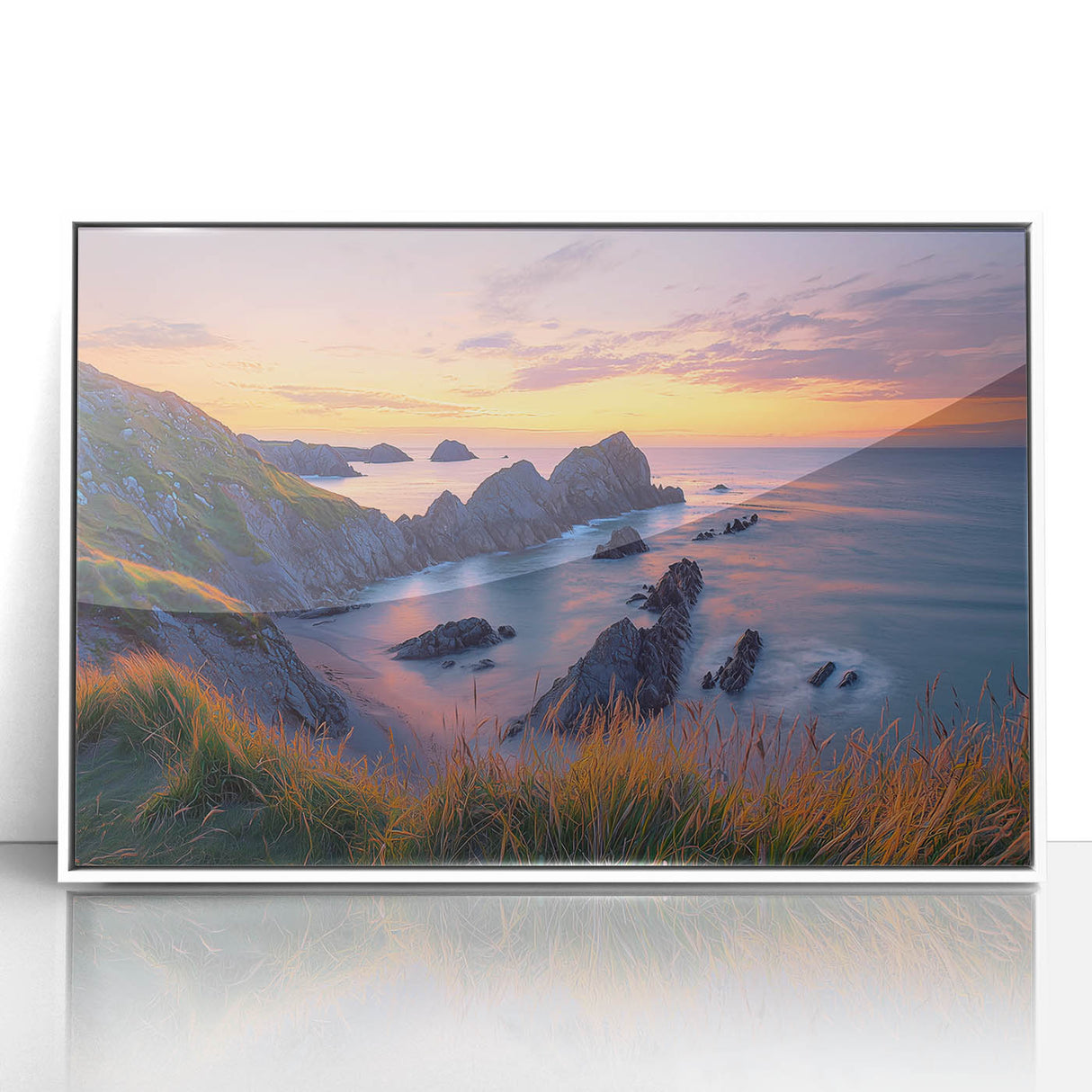 Framed acrylic artwork depicting dramatic cliffs against a vibrant sunset, showcasing rich colors and intricate details, ideal for enhancing modern decor.