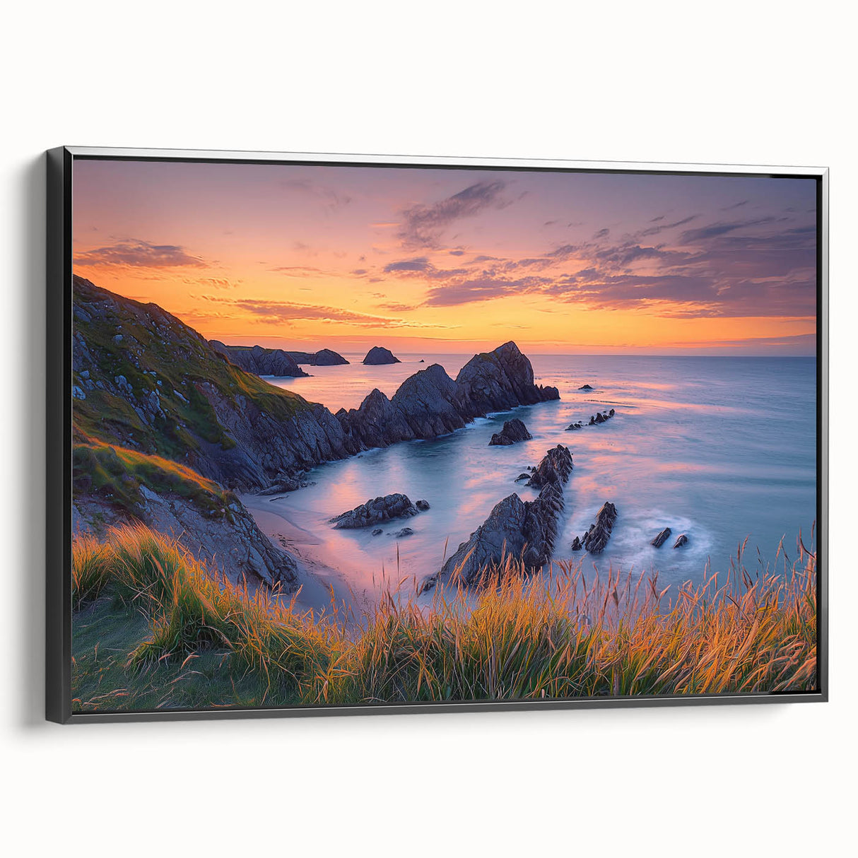 Framed canvas artwork depicting a scenic landscape of cliffs, showcasing vibrant colors and intricate details, designed to enhance modern home decor.