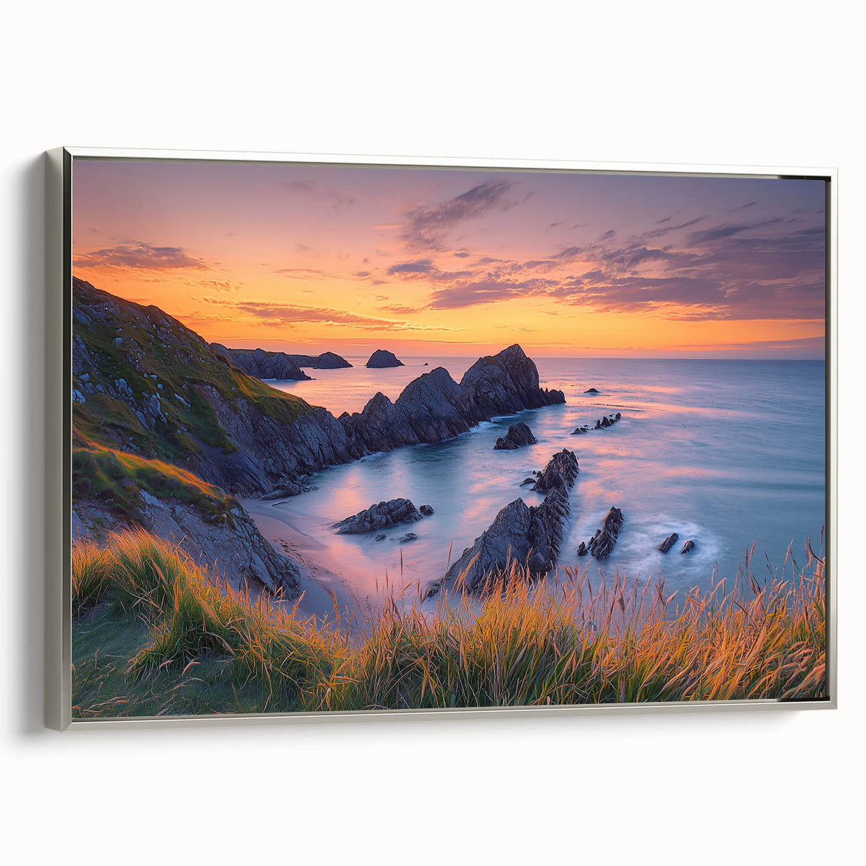 Framed canvas print of a picturesque cliff landscape with silver accents, showcasing vibrant colors and intricate details, perfect for home decor or art enthusiasts.