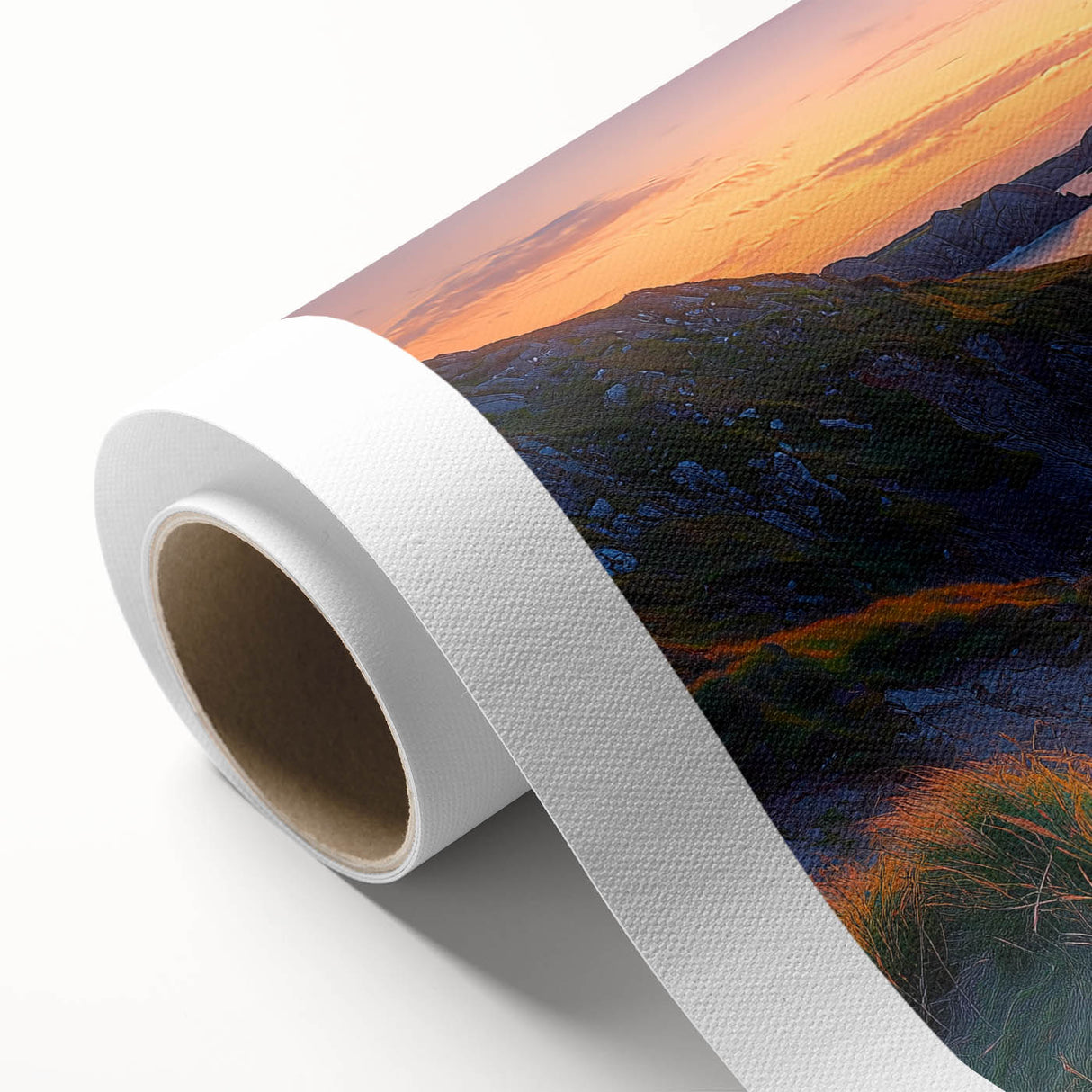Vibrant rolled canvas artwork depicting dramatic cliffs against a sunset sky, showcasing rich colors and details, packaged securely in a protective tube.