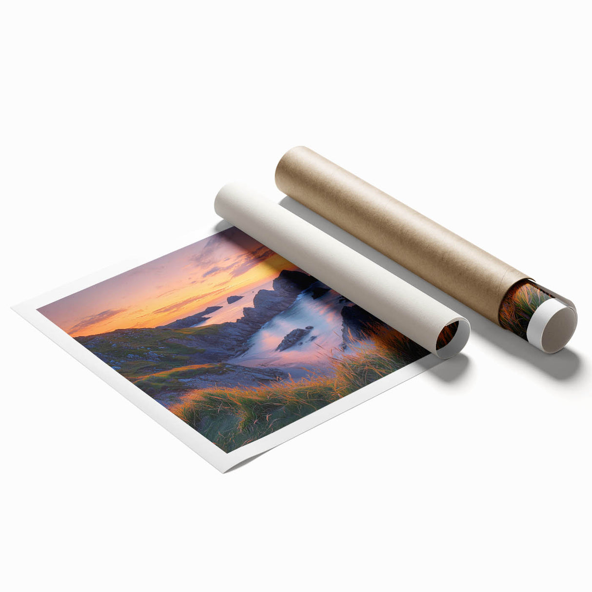 Majestic landscape print showcasing dramatic cliffs and vibrant colors, rolled for easy shipping and perfect for home decor. Ideal for nature enthusiasts.