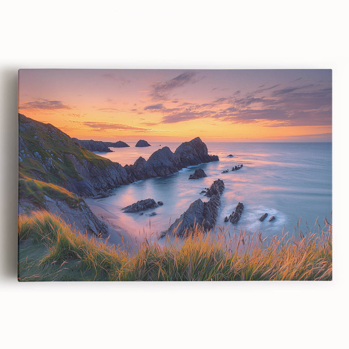 Stretched canvas artwork depicting a breathtaking cliff landscape with vibrant colors and intricate details, perfect for enhancing home decor or art collections.