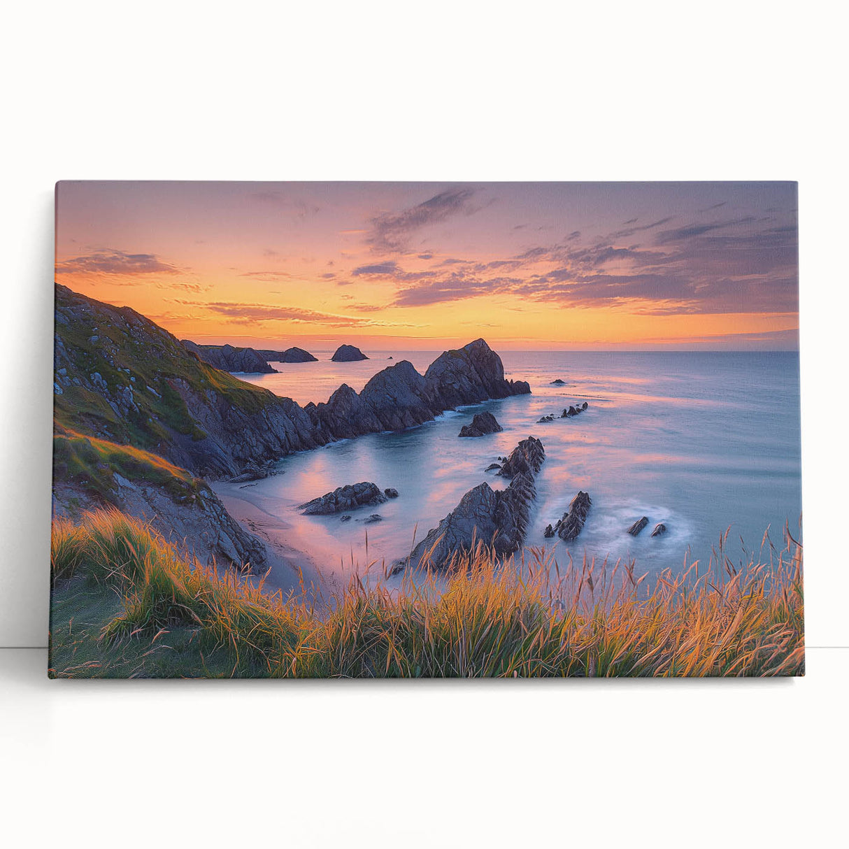 Vibrant stretched canvas artwork depicting dramatic cliffs and landscapes, showcasing rich colors and textures, perfect for modern home decor and inspiring nature enthusiasts.