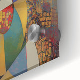 Abstract figurative acrylic artwork on glass, showcasing vibrant colors and dynamic shapes, ideal for modern home decor and artistic expression. Close-up highlights texture and visual depth.