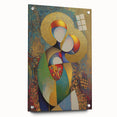 Abstract figurative acrylic artwork displayed in a glass frame, showcasing vibrant colors and intricate pin details, perfect for modern home decor.