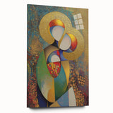 Abstract figurative artwork printed on acrylic glass, showcasing vibrant colors and intricate designs, displayed in a side view without pins, ideal for modern decor.