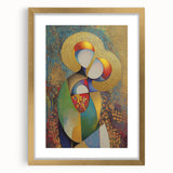 Abstract figurative artwork framed in gold with a mat, showcasing elegant curves and vibrant colors, perfect for contemporary home décor.