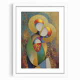 Abstract figurative art frame with a crisp white mat, showcasing vibrant colors and dynamic shapes, ideal for modern home decor and artistic displays.