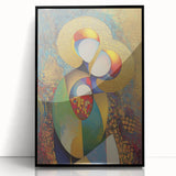 Abstract figurative artwork in a sleek black frame, showcasing vibrant colors and dynamic shapes, ideal for modern home decor or office spaces.