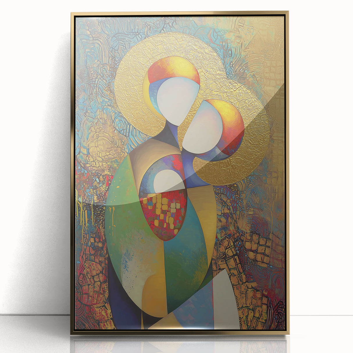 Framed abstract figurative art piece with gold accents, showcasing fluid shapes and vibrant colors, ideal for modern home decor. Perfect for enhancing living spaces.