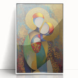 Framed abstract figurative art piece in white acrylic, showcasing bold colors and dynamic shapes, perfect for modern home decor or gallery display.