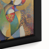 Close-up of an abstract figurative framed canvas art piece showcasing vibrant colors and dynamic shapes, perfect for modern home decor and artistic expression.