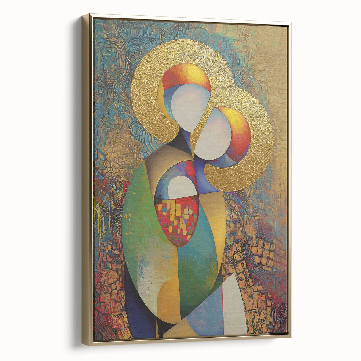 Framed abstract figurative canvas art showcasing a gold and black color palette, elegantly displayed from the side to highlight its modern design and texture.