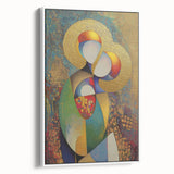 Framed abstract figurative canvas art with a white border, showcasing vibrant colors and dynamic shapes, perfect for contemporary home decor. Ideal for adding a unique artistic touch to living spaces.