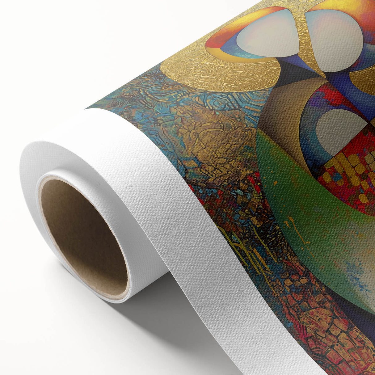 Abstract figurative art on rolled canvas showcasing vibrant colors and dynamic shapes, elegantly packaged in a protective cardboard tube for easy display.