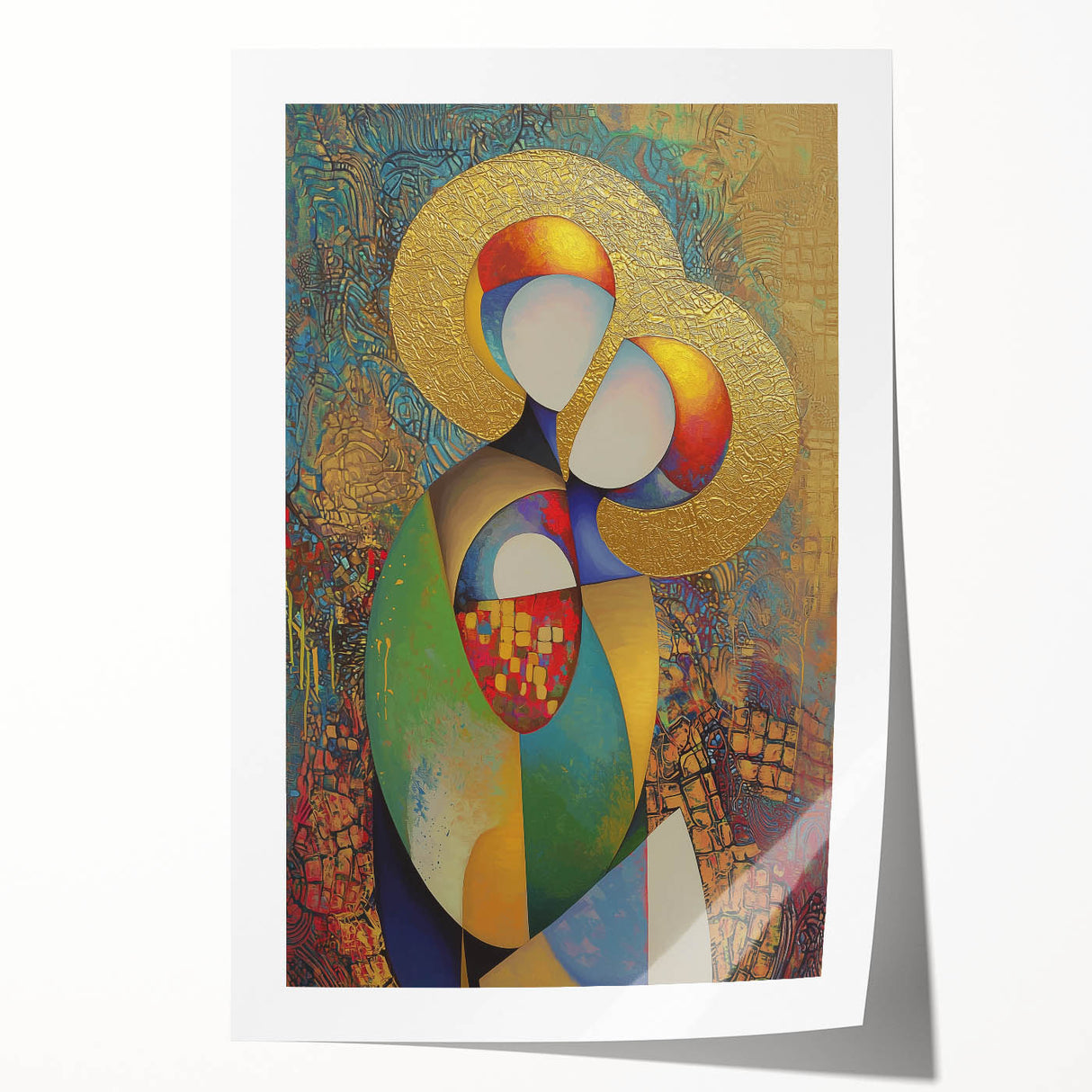 Abstract figurative art print showcasing vibrant colors and dynamic shapes, rolled and ready for display, highlighting modern artistic expression and creativity.