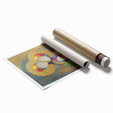 Abstract figurative rolled print artwork showcasing vibrant colors and dynamic shapes, elegantly packaged in a protective cardboard tube for easy storage and display.