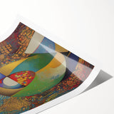 Abstract figurative rolled print showcasing vibrant colors and dynamic shapes, ideal for modern home decor, presented in a protective cardboard tube.