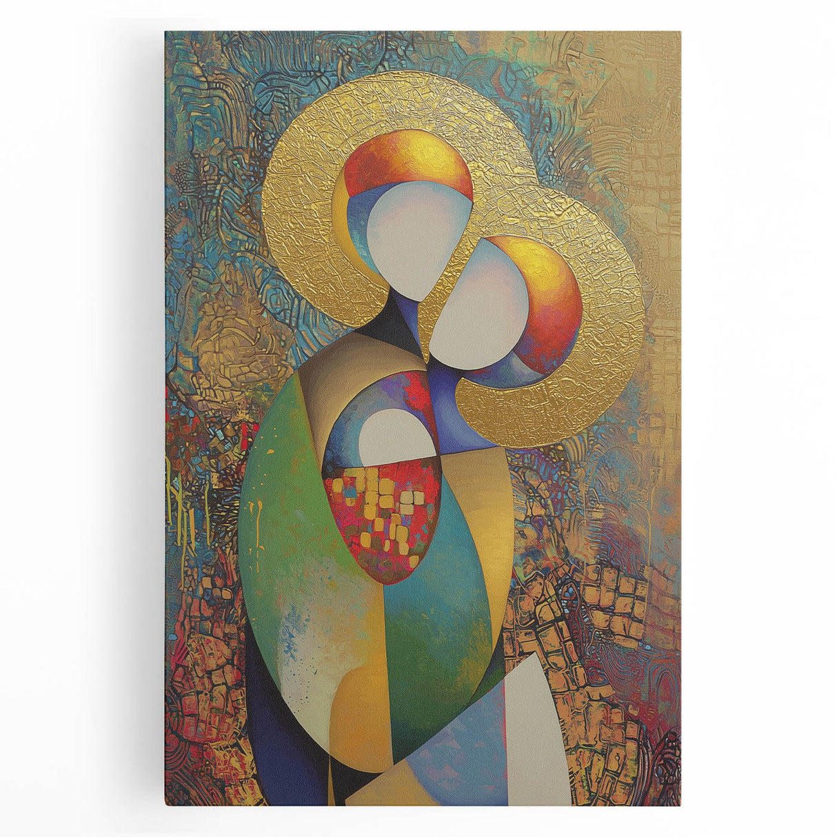 Abstract figurative stretched canvas artwork showcasing vibrant colors and dynamic shapes, perfect for modern home decor and artistic expression. Ideal for living rooms and creative spaces.