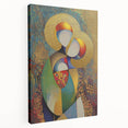 Stretched canvas artwork showcasing an abstract figurative design in vibrant colors, featuring a side view that highlights its texture and depth, perfect for modern decor.