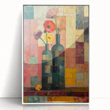 Framed abstract floral wall art featuring vibrant colors and intricate designs, displayed with a white frame against a neutral background, perfect for modern decor.