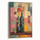 Framed canvas wall art featuring an abstract floral design in vibrant colors, accented with gold tones, showcased in a stylish side view. Ideal for modern home decor.