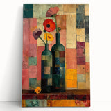 Colorful abstract floral wall art on stretched canvas, showcasing vibrant hues of pink, blue, and green, elegantly leaning against a neutral wall, perfect for modern decor.