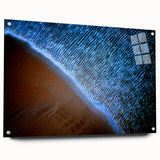 Abstract landscape wall art displayed in a sleek acrylic glass frame, showcasing vibrant colors and intricate details. Side view highlights the unique pin mounting, perfect for modern decor.