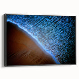 Framed abstract landscape wall art showcasing vibrant colors and intricate patterns on a black frame, viewed from the side, perfect for modern decor.