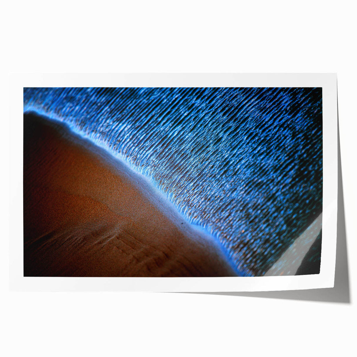 Abstract landscape wall art print showcasing vibrant hues of blue, orange, and green, rolled for easy shipping and display. Ideal for modern home decor.