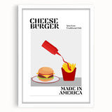 Abstract art print featuring swirls of blue and green, framed in white, suitable for dining room decor.