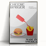 Large art print of colorful fruits in mid-century modernist style, framed in silver acrylic, ideal for nursery wall decor.