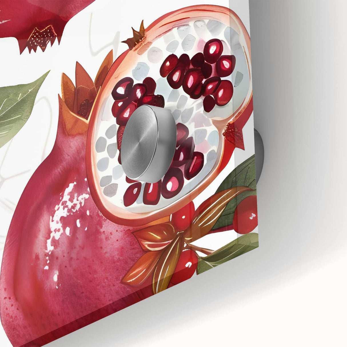 Large abstract wall art featuring assorted fruits in vibrant colors on acrylic glass, suitable for dining room decor.