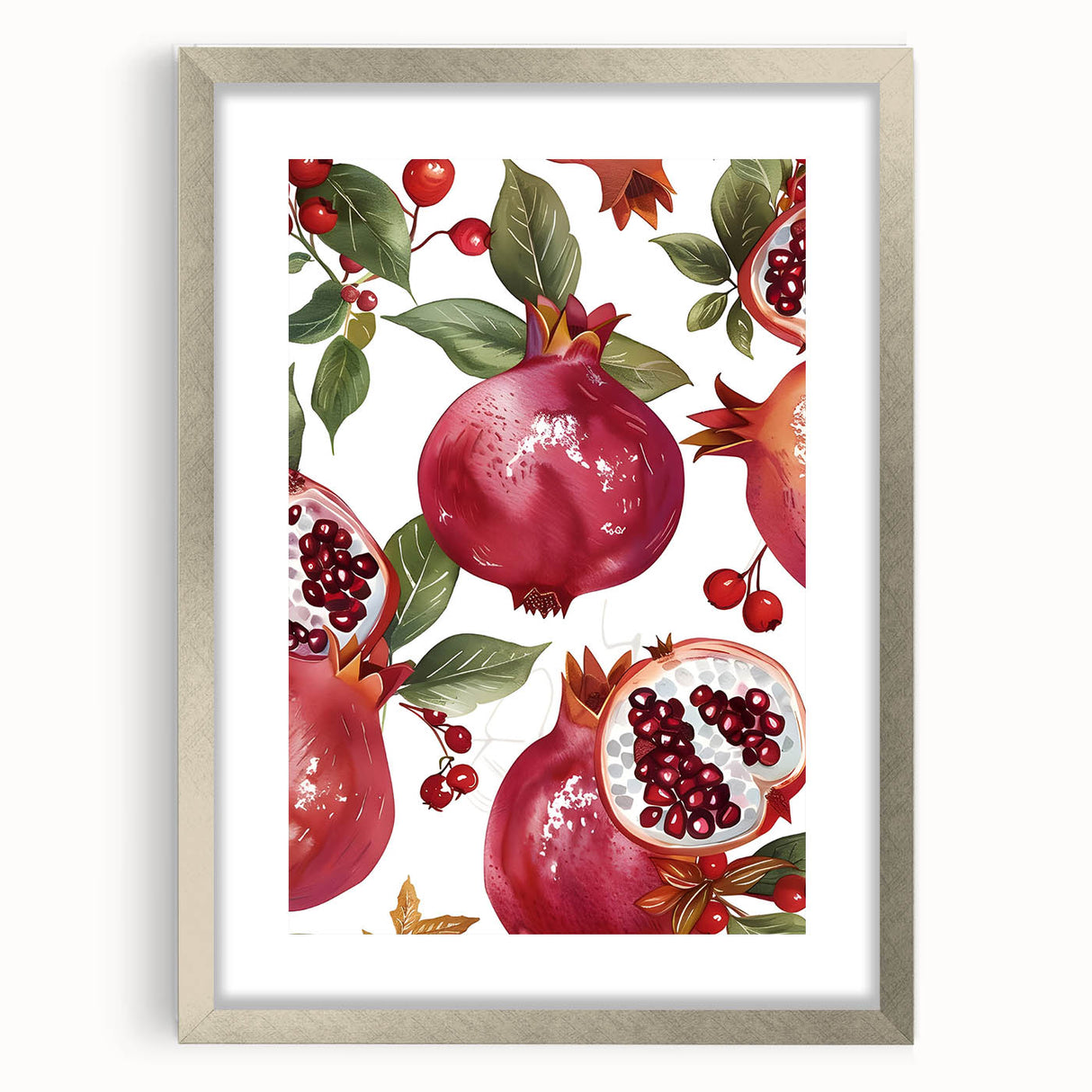 Textured art depicting abstract fruit designs in vibrant colors on a silver-framed mat, suitable for bedroom decor.