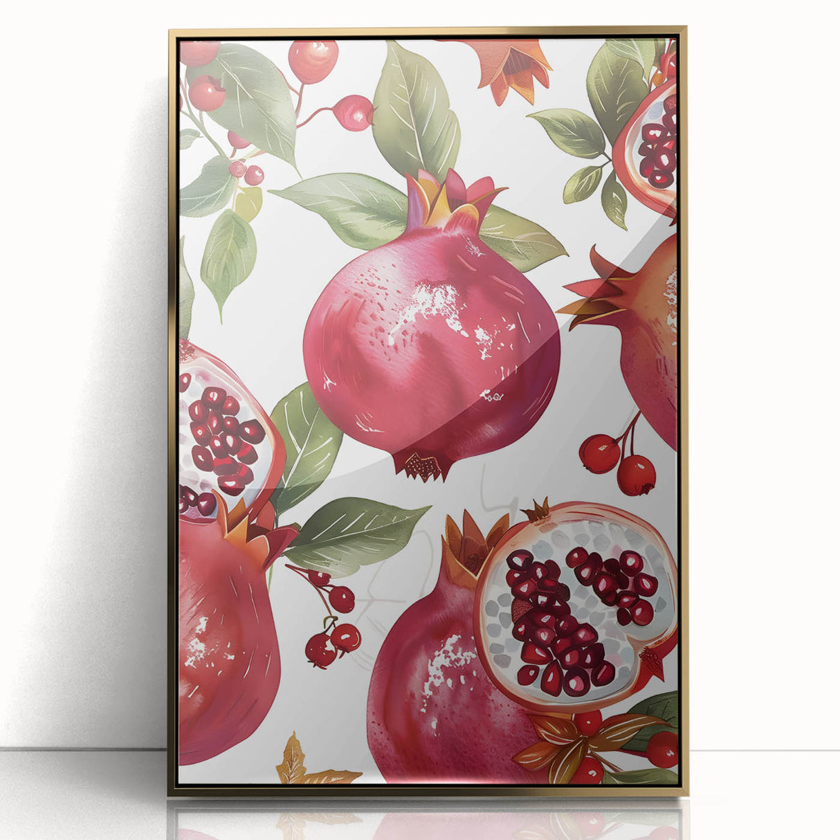 Mid-century modernist large art print of vibrant fruits on a gold-framed acrylic, perfect for modern kitchen decor.