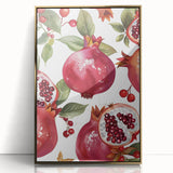 Mid-century modernist large art print of vibrant fruits on a gold-framed acrylic, perfect for modern kitchen decor.