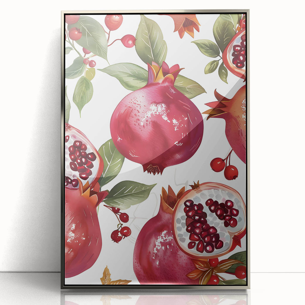 Mid-century modernist art featuring an array of fruits in muted colors on a framed acrylic print.