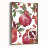 Framed canvas featuring a vintage poster of assorted fruits in a gold frame, ideal for bedroom wall art.