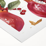 Art deco poster featuring an array of fruits in pastel shades on a rolled canvas, ideal for dining room decor.