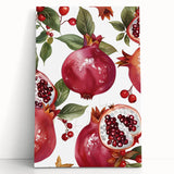 Large black and white print of assorted fruits on stretched canvas, suitable as kitchen wall art.