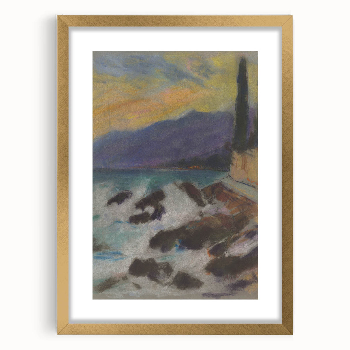 Rocky Seashore with Cypresses - Modern Wall Art of Coastal Landscape
