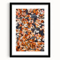 Extra large abstract art print featuring textured fall foliage in vibrant orange and red tones on a framed black canvas.