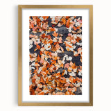 Extra large abstract art print featuring textured fall colors in a gold frame, ideal for living room decor.